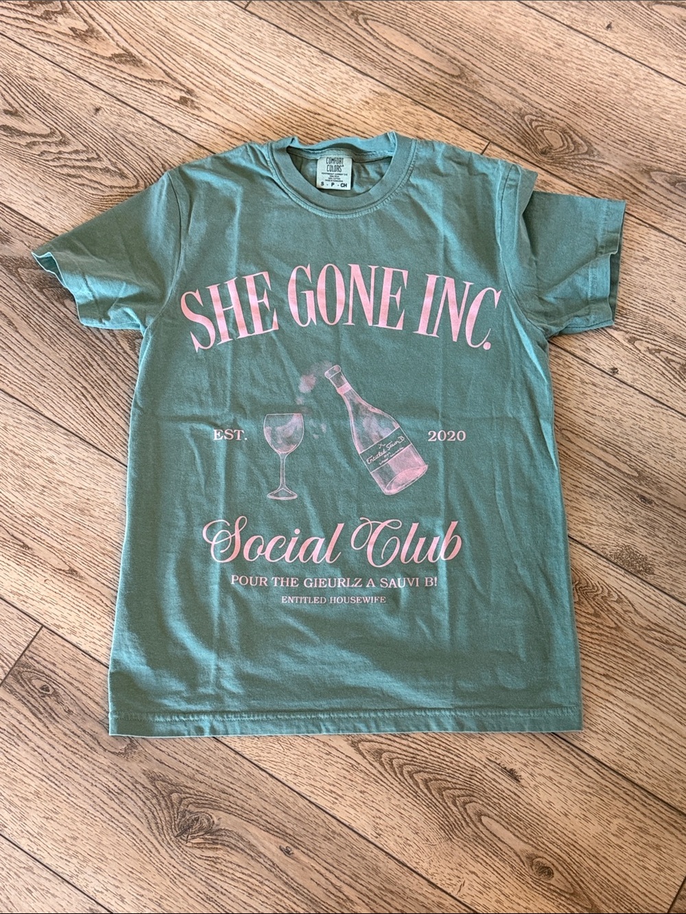 She Gone (Becky Robinson Comedian) Comfort Colors Dusty Teal Tee with Pink Print